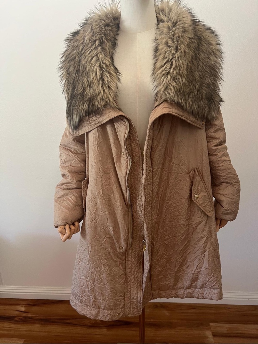 Michael Kors Light Brown Faux Fur Collar Puffer Coat